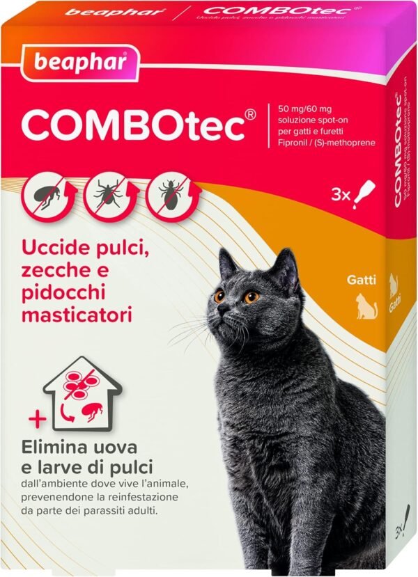 Beaphar COMBOTEC Antiparassitario per Gatti, Protegge da Pulci, Zecche, Uova, Larve e Anche la Casa - Confezione da 3 Pipette