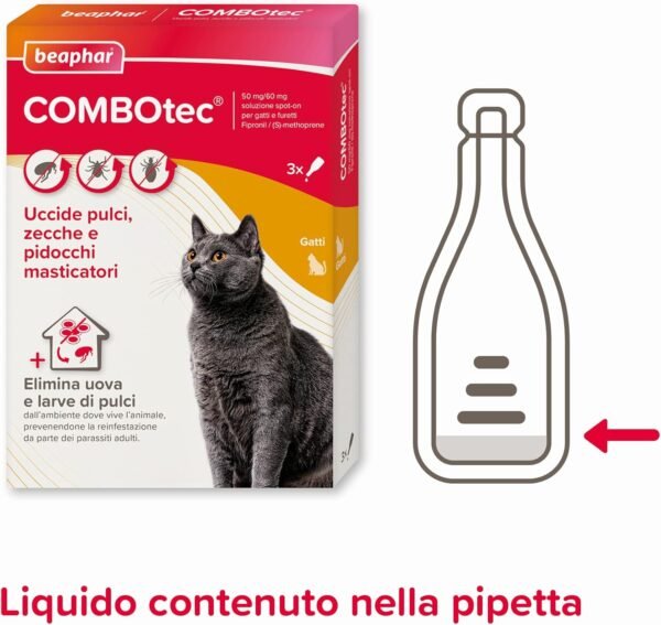 Beaphar COMBOTEC Antiparassitario per Gatti, Protegge da Pulci, Zecche, Uova, Larve e Anche la Casa - Confezione da 3 Pipette