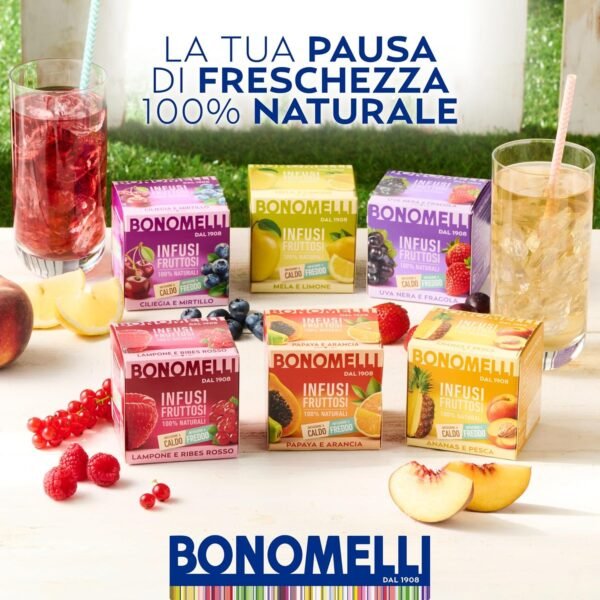 Bonomelli - Infusi Fruttati, Lampone e Ribes Rosso, Confezione da 12 Filtri, Gusto Rinfrescante e Leggermente Acido, Infuso Caldo e Freddo, Ingredienti 100% Naturali (24g)