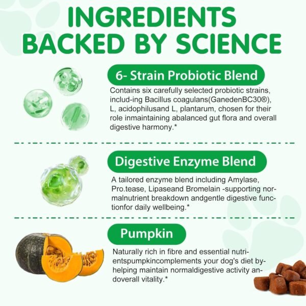 Probiotici per cani 120p, integratori probiotici per cani per la salute dell'intestino e supporto per le allergie stagionali - Allevia i problemi intestinali per tutti i cani