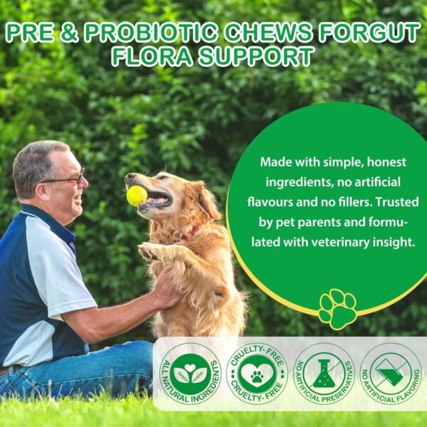 Probiotici per cani 120p, integratori probiotici per cani per la salute dell'intestino e supporto per le allergie stagionali - Allevia i problemi intestinali per tutti i cani