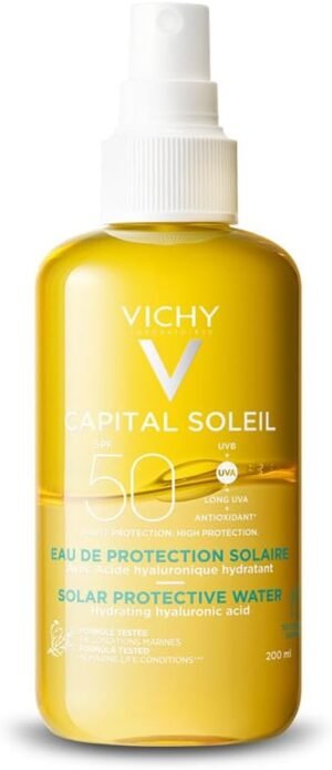 Vichy Capital Soleil SPF20 Acqua Solare Protettiva Idratante Idratante Idratante Pelle Protegge e ricostituisce la pelle, Texture acquosa con acido ialuronico multimolecolare, vitamina E, vulcanico