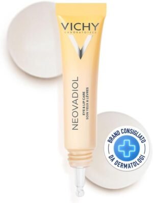 Vichy Neovadiol Crema Contorno Occhi e Labbra Peri e Post Menopausa Adatta per Peri e Postmenopausa, Anti-Aging, Vellutata, Formula con Omega 3-6-9, Acqua Vulcanica di Vichy e Caffeina, 15ml