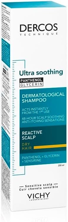 Vichy Dercos Shampoo Ultra Lenitivo per Pelli Sensibili e Capelli Secchi, Azione Lenitiva, Prurito del Cuoio Capelluto e Attenuazione degli Arrossamenti con Glicerina e Pantenolo, 200 ml