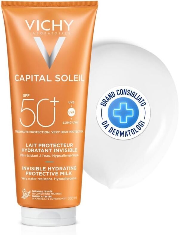 510mXazJzhL._AC_SL1016_.jpg Vichy Capital Soleil Latte Fresco Idratante Viso e Corpo SPF50+, Per Tutti i Tipi di Pelle, Massima Protezione dai Raggi UVA e UVB, Pelle Idratata e Fortificata, con Acqua Vulcanica di Vichy, 300 ml