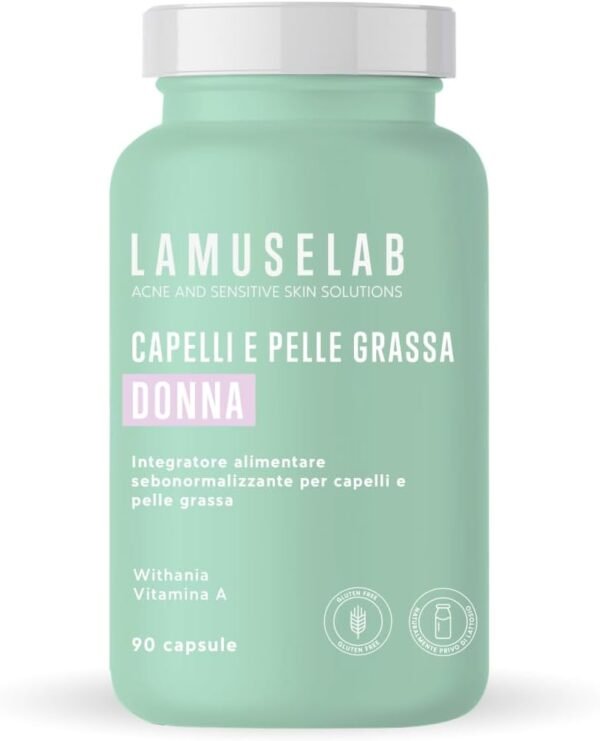 LAMUSELAB Sebonorm Integratore Capelli Donna con Estratti Vegetali Vitamine e Minerali, per il Benessere dei Capelli, Antiossidante per la Cura della Pelle, Senza Glutine, 90 Capsule