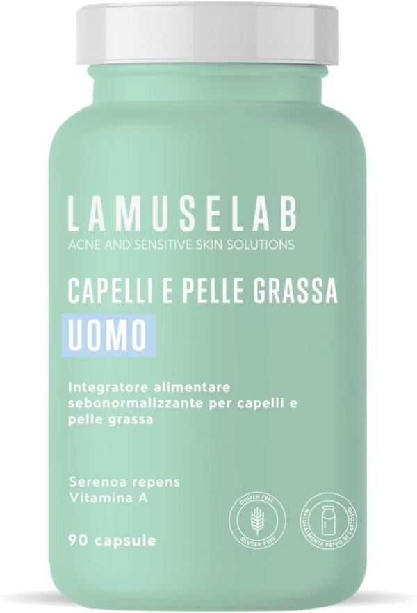 LAMUSELAB Sebonorm Integratore Capelli Uomo con Estratti Vegetali Vitamine e Minerali, per il Benessere dei Capelli, Antiossidante per la Cura della Pelle, Senza Glutine, 90 Capsule