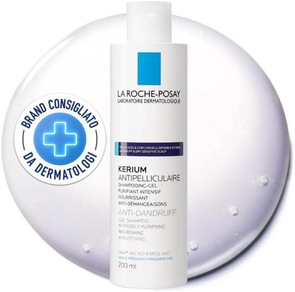 La Roche-Posay Kerium, Shampoo Gel Anti-Forfora, Per Uso Frequente, Contrasta Forfora e Senso di Prurito, Arricchito con LHA, Zinco e Acqua Termale, 200 ml