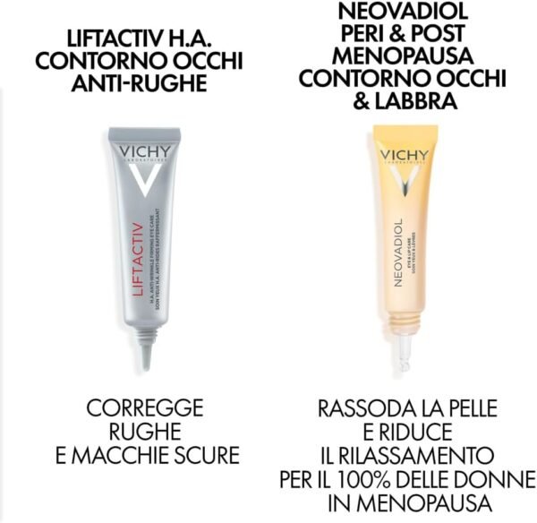 Vichy Neovadiol Crema Contorno Occhi e Labbra Peri e Post Menopausa Adatta per Peri e Postmenopausa, Anti-Aging, Vellutata, Formula con Omega 3-6-9, Acqua Vulcanica di Vichy e Caffeina, 15ml