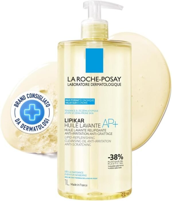 La Roche-Posay Lipikar AP+ Olio detergente, per pelli secche con tendenza all'eczema atopico, antinfiammatorio e antiprurito, arricchito con Aqua Posae Filiformis e Niacinamide, 1 L