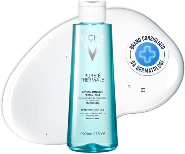Vichy Pureté Thermal, Tonico Perfezionatore, per Pelli Sensibili, Pori Ridotti e Pelle Detersa e Rinfrescata, con Vitamina E, Glicerina e Acqua Termale Vichy, 200 ml