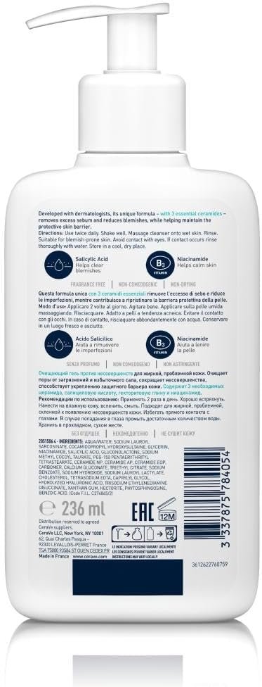 CeraVe Detergente per il controllo delle imperfezioni per pelle grassa a tendenza acneica, Azione purificante, Imperfezioni ridotte, Acido salicilico e Argilla purificante, 8 oz