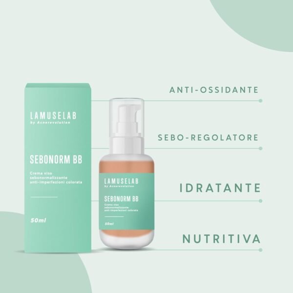 LaMuseLab Lamuselab Sebonorm BB Crema Viso Seboregolatrice Anti Imperfezioni Colorata, Protettiva e Idratante, Colorata 50 ml