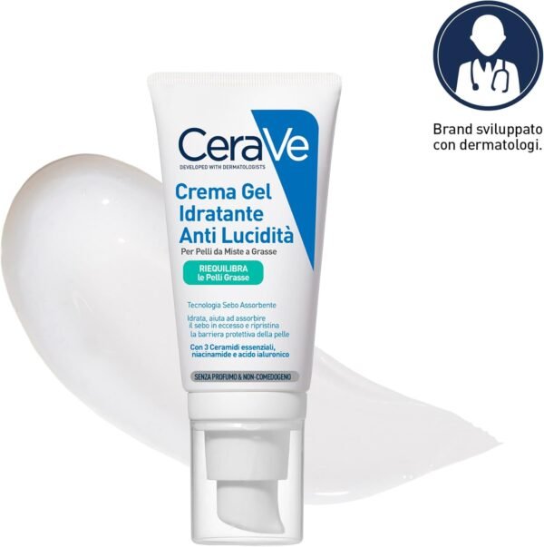 CeraVe Crema Gel Idratante Antilucente per Pelli Miste Grasse a Tendenza Acneica, Effetto Opaco, Pelle Idratata, Tecnologia Seboassorbente, con Acido Ialuronico, Ceramidi e Niacinamide, 53 ml