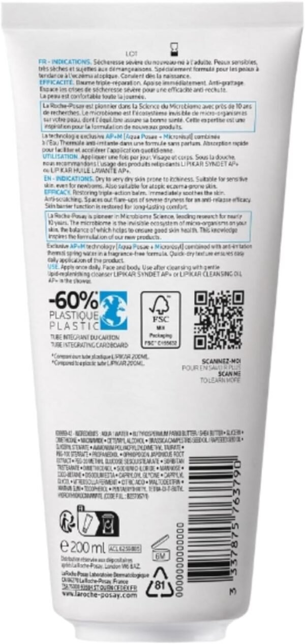 Trattamento corpo La Roche-Posay, Adatto per pelli atopiche, Riparatore, Risultato ultra-idratante, Formula con Aqua Posae Filiformis, Burro di Karitè, Niacinamide, Lipikar Baume AP+M, 200 ml