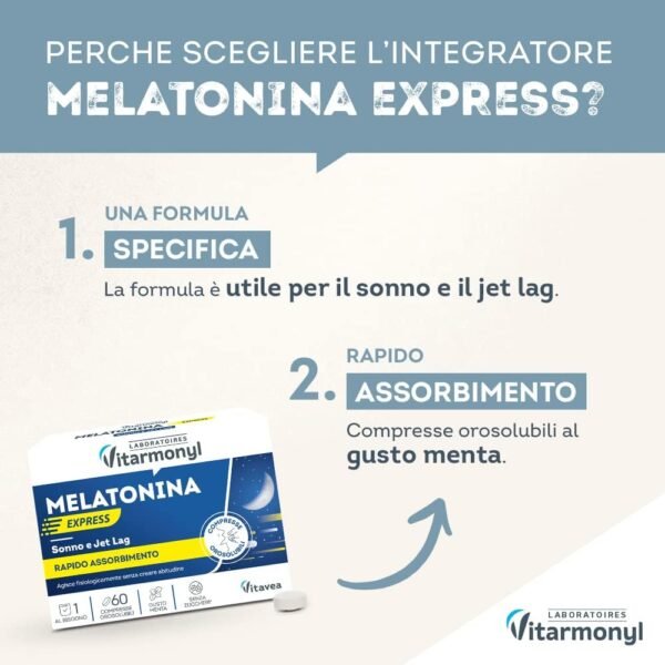 616MEBAU5L._AC_SL1000_.jpg Melatonin Express - Integratore Alimentare per Sonno e Jet Lag - Melatonina per Dormire - Gusto Menta - Senza Zucchero - Confezione da 60 Compresse Solubili in Oro Vitarmonyl