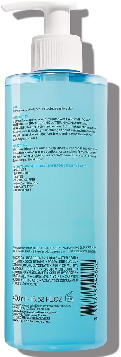 La Roche-Posay Toleriane Gel Detergente Schiumogeno Doppia Azione per Pelli Sensibili, Elimina Impurità e Sebo, Pelle Morbida e Idratata, Formula con Tensioattivi Delicati e Glicerina, 400 ml
