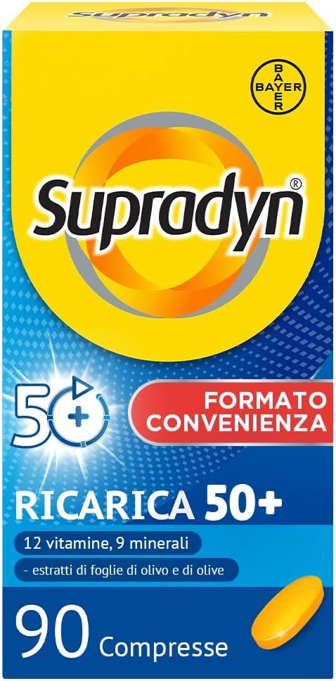 Supradyn Refill 50+ Integratore Multivitaminico Completo Vitamine e Minerali con Vitamina B12, C, D, Zinco per Fatica Fisica e Concentrazione per Uomo e Donna, 90 Compresse rivestite