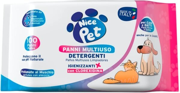 61ES7ZmBBJL._AC_SL1500_.jpg Nice Pet Salviette Detergenti Igienizzanti Multiuso per Cani e Gatti, Formulazione al Profumo di Muschio con Clorexidina, Confezione da 100 Salviettine Umidificate