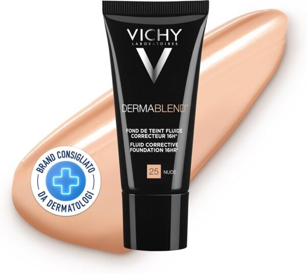Vichy Dermablend Fondotinta Fluido Correttore, Alta Coprenza Senza Effetto Maschera, Tenuta 16H, Imperfezioni Nascoste e Pelle Radiosa, Per Tutti i Tipi di Pelle, Tonalità: 25, 30ml