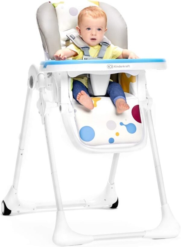 Kinderkraft YUMMY Seggiolone Seggiolone ergonomico confortevole reclinabile pieghevole con poggiapiedi regolabile in altezza Doppio vassoio staccabile per bambini da 6 mesi a 3 anni Grigio