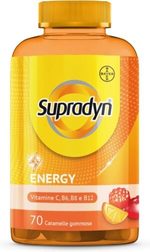 Supradyn Energy Integratore Multivitaminico Completo con Vitamine A, B, C, D, E e Coenzima Q10, 70 Caramelle Gommose Multivitaminiche al Gusto Ciliegia, Lampone e Arancia