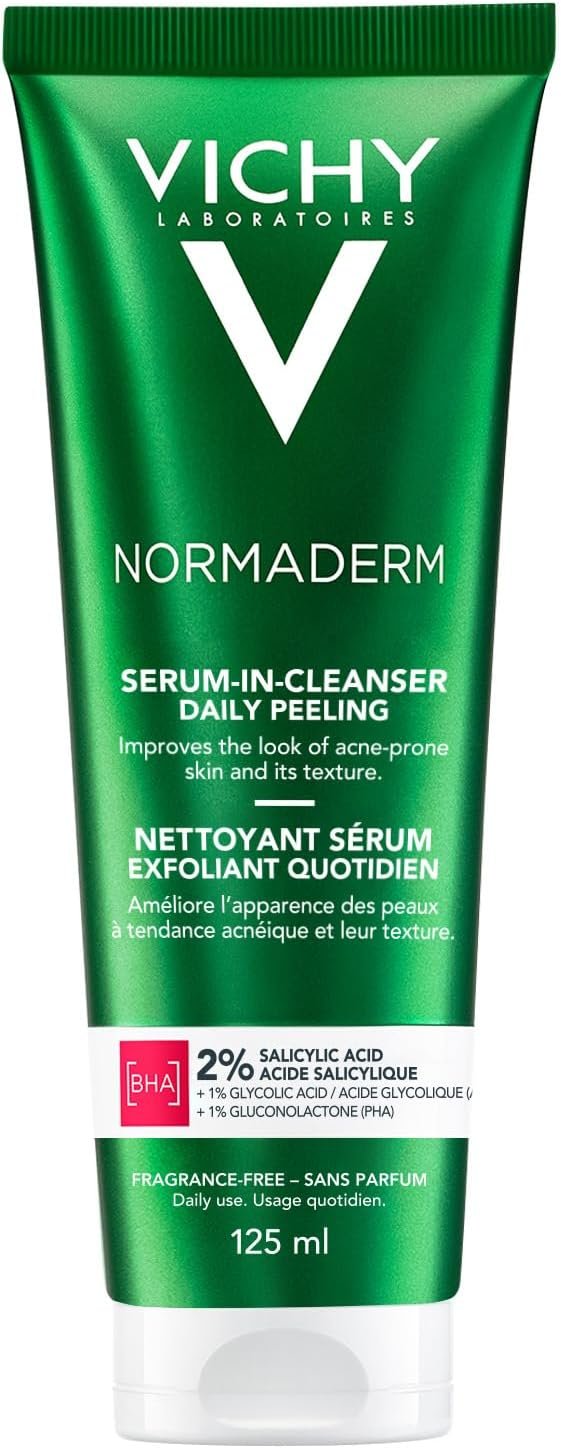 Vichy Normaderm siero detergente, peeling quotidiano per pelle con imperfezioni, macchie e cicatrici post-acne ridotte, struttura della pelle migliorata, acido glicolico e acido salicilico, 125 ml