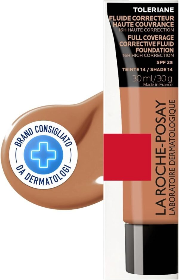 La Roche-Posay Toleriane fondotinta fluido per pelli sensibili, elevata copertura di imperfezioni, macchie e cicatrici, correttore, Neurosensin, tonalità 14, 30 ml