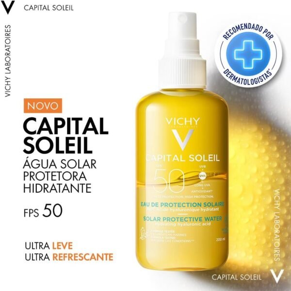 Vichy Capital Soleil SPF20 Acqua Solare Protettiva Idratante Idratante Idratante Pelle Protegge e ricostituisce la pelle, Texture acquosa con acido ialuronico multimolecolare, vitamina E, vulcanico