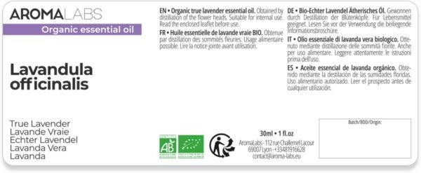 Lavanda Vera Biologica (Lavandula Officinalis) – 30 ml – Olio Essenziale Chemiotipizzato e Certificato AB – Relax & Relax – Aroma Labs – Prodotto in Francia