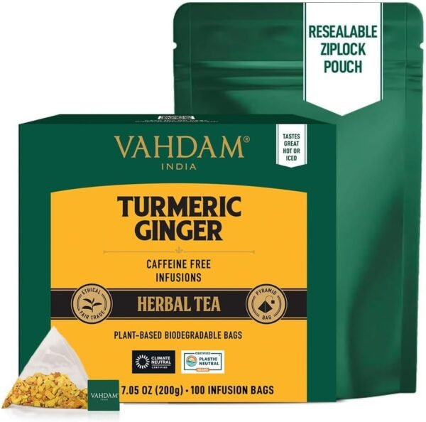 VAHDAM, Tisana con Zenzero e Curcuma (100 Bustine Piramidali) Senza Caffeina | 100% Infusi e Tisane Assortiti dal Gusto Piccante | in bustina richiudibile con chiusura ermetica