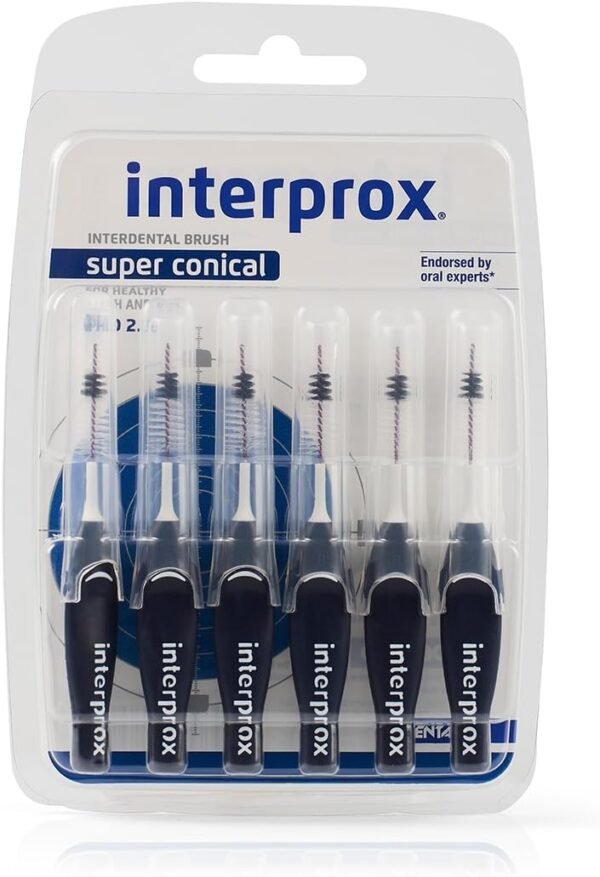 Interprox Super Conical 6 Spazzolini Conici Blu, Antiplacca e Anticarie, per spazi interdentali più ampi (PHD 2.0), Particolarmente adatti per i denti anteriori.