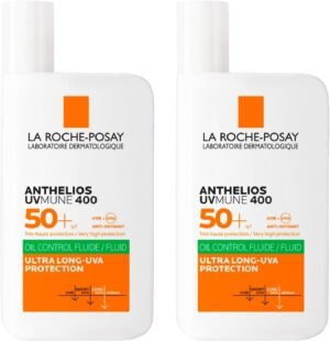 Fluido per il controllo dell'olio La Roche-Posay Anthelios SPF50+ [Pack of 2] 1 x 50 ml | Crema solare opacizzante per pelli grasse e miste, antilucido, resistente all'acqua e al sudore
