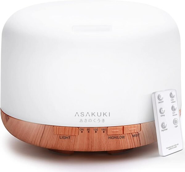 ASAKUKI Diffusore di oli essenziali premium da 500 ml, umidificatore vaporizzatore per oli profumati per aromaterapia ad ultrasuoni 5 in 1, timer e spegnimento automatico di sicurezza, 7 colori luminosi LED