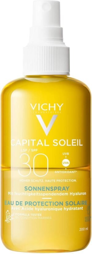 Vichy Capital Soleil Acqua Solare Protettiva SPF 30, per Tutti i Tipi di Pelle, Alta Protezione UV, Acido Ialuronico e Acqua Vulcanica, 200 ml