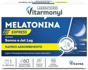 Melatonin Express - Integratore Alimentare per Sonno e Jet Lag - Melatonina per Dormire - Gusto Menta - Senza Zucchero - Confezione da 60 Compresse Solubili in Oro Vitarmonyl