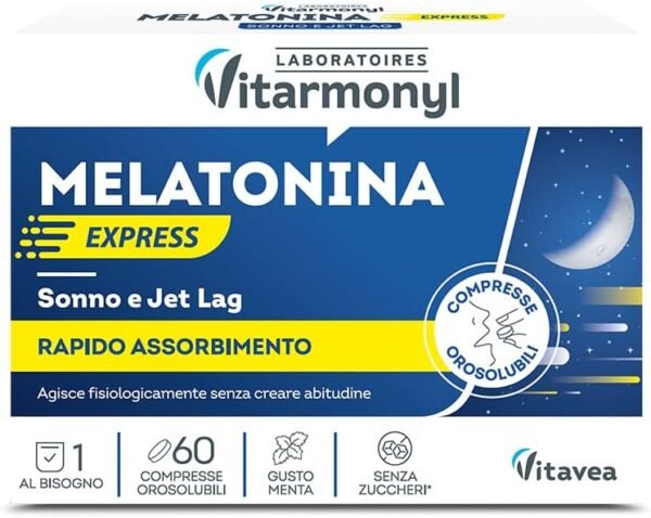 61rdivMQSsL._AC_SL1000_.jpg Melatonin Express - Integratore Alimentare per Sonno e Jet Lag - Melatonina per Dormire - Gusto Menta - Senza Zucchero - Confezione da 60 Compresse Solubili in Oro Vitarmonyl
