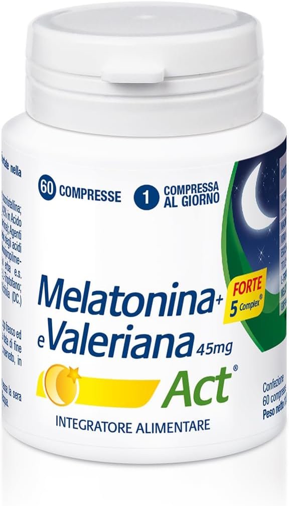 Melatonin Act + Forte 5 Complex, Integratore Alimentare Potenziato + 5 Complex Melatonina e Valeriana 45mg, 1 Confezione da 60 Compresse