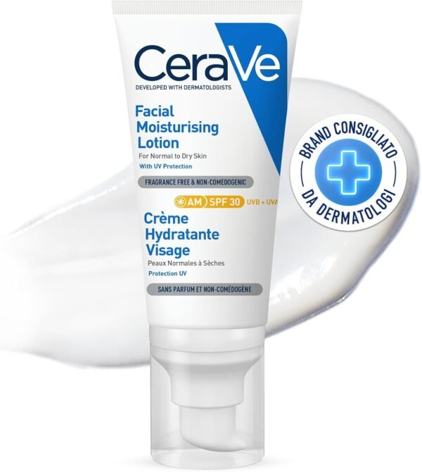 CeraVe Crema viso idratante SPF 30, per pelli da normali a secche, idratazione profonda, assorbimento rapido, protezione solare SPF 30 e acido ialuronico, 53 ml