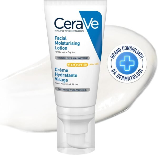 CeraVe Crema viso idratante SPF 50, per pelli da normali a secche, idratazione profonda, assorbimento rapido, protezione solare SPF 50 e acido ialuronico, 53 ml