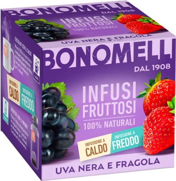 Bonomelli Infusi Fruttati, Uva Nera e Fragola, Confezione da 12 Filtri, Gusto Intenso e Delicato, Infuso Caldo e Freddo, Ingredienti 100% Naturali (24g)
