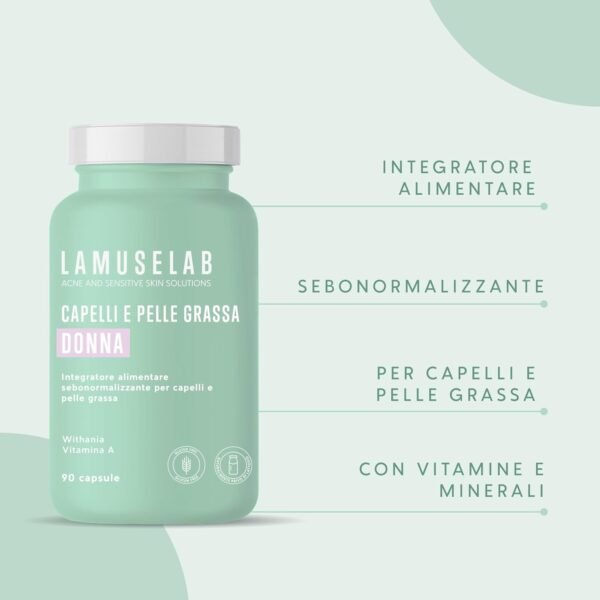 LAMUSELAB Sebonorm Integratore Capelli Donna con Estratti Vegetali Vitamine e Minerali, per il Benessere dei Capelli, Antiossidante per la Cura della Pelle, Senza Glutine, 90 Capsule