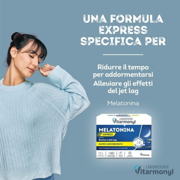 61vZVVGZodL._AC_SL1000_.jpg Melatonin Express - Integratore Alimentare per Sonno e Jet Lag - Melatonina per Dormire - Gusto Menta - Senza Zucchero - Confezione da 60 Compresse Solubili in Oro Vitarmonyl