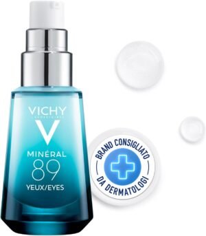 Vichy Minéral 89 Gel occhi fortificante per tutti i tipi di pelle, idratazione 8H, riduce borse, occhiaie e linee sottili, con caffeina, acido ialuronico e acqua vulcanica, 15 ml