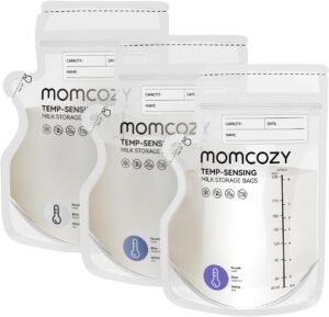 Momcozy 120 sacchetti per latte materno con rilevamento della temperatura per congelamento del latte materno da 8 once con profilo piatto salvaspazio per refrigerazione e congelamento