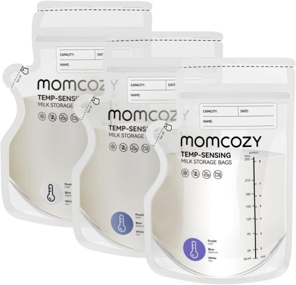 Momcozy 120 sacchetti per latte materno con rilevamento della temperatura per congelamento del latte materno da 8 once con profilo piatto salvaspazio per refrigerazione e congelamento