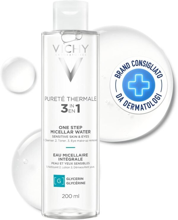 Vichy Thermal Pureté, Acqua Micellare, Per Pelli Sensibili, Deterge e Deterge Delicatamente, con Acqua Termale Vichy Mineralizzante e Zucchero Vegetale Idratante, 200 ml