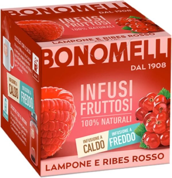 Bonomelli - Infusi Fruttati, Lampone e Ribes Rosso, Confezione da 12 Filtri, Gusto Rinfrescante e Leggermente Acido, Infuso Caldo e Freddo, Ingredienti 100% Naturali (24g)
