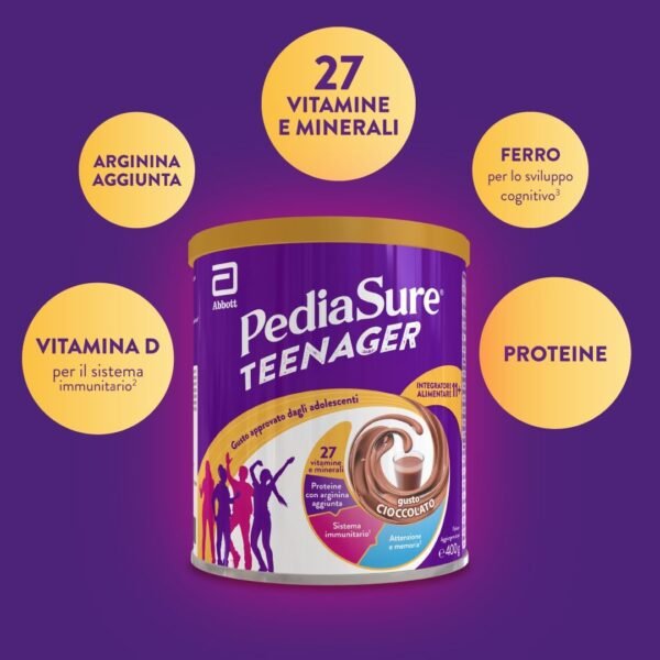 61xZ-fKJl6L._AC_SL1080_.jpg PediaSure Teenager Integratore Multivitaminico per Adolescenti con Vitamine Minerali Proteine per Difese Immunitarie, Sviluppo Osseo, Attenzione e Memoria, Benessere della Pelle, 400g, Cioccolato