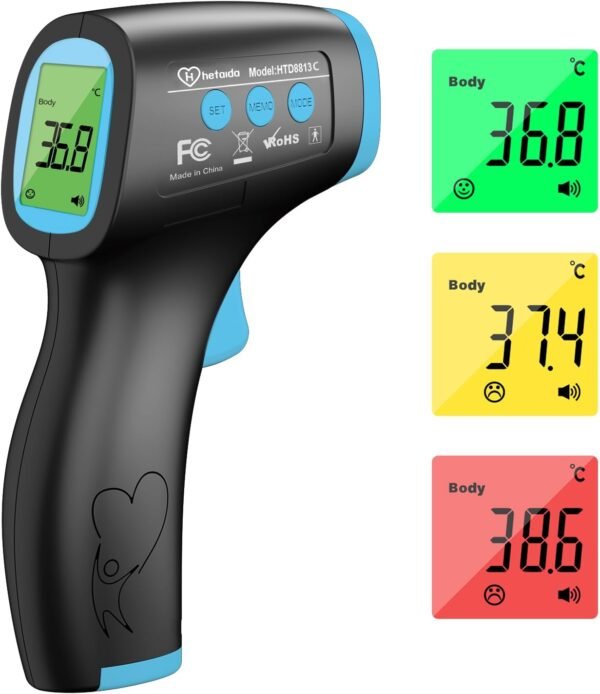 Termometro per febbre a infrarossi, Termometro digitale, Termometro per ambiente interno, Modalità corpo e Modalità superficie, con allarme febbre e ampia memoria, pronto per tutte le età - Nero
